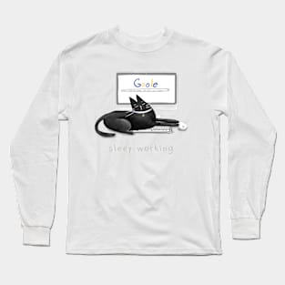 Cartoon black sleeping cat on a laptop and the inscription "Sleep working". Long Sleeve T-Shirt